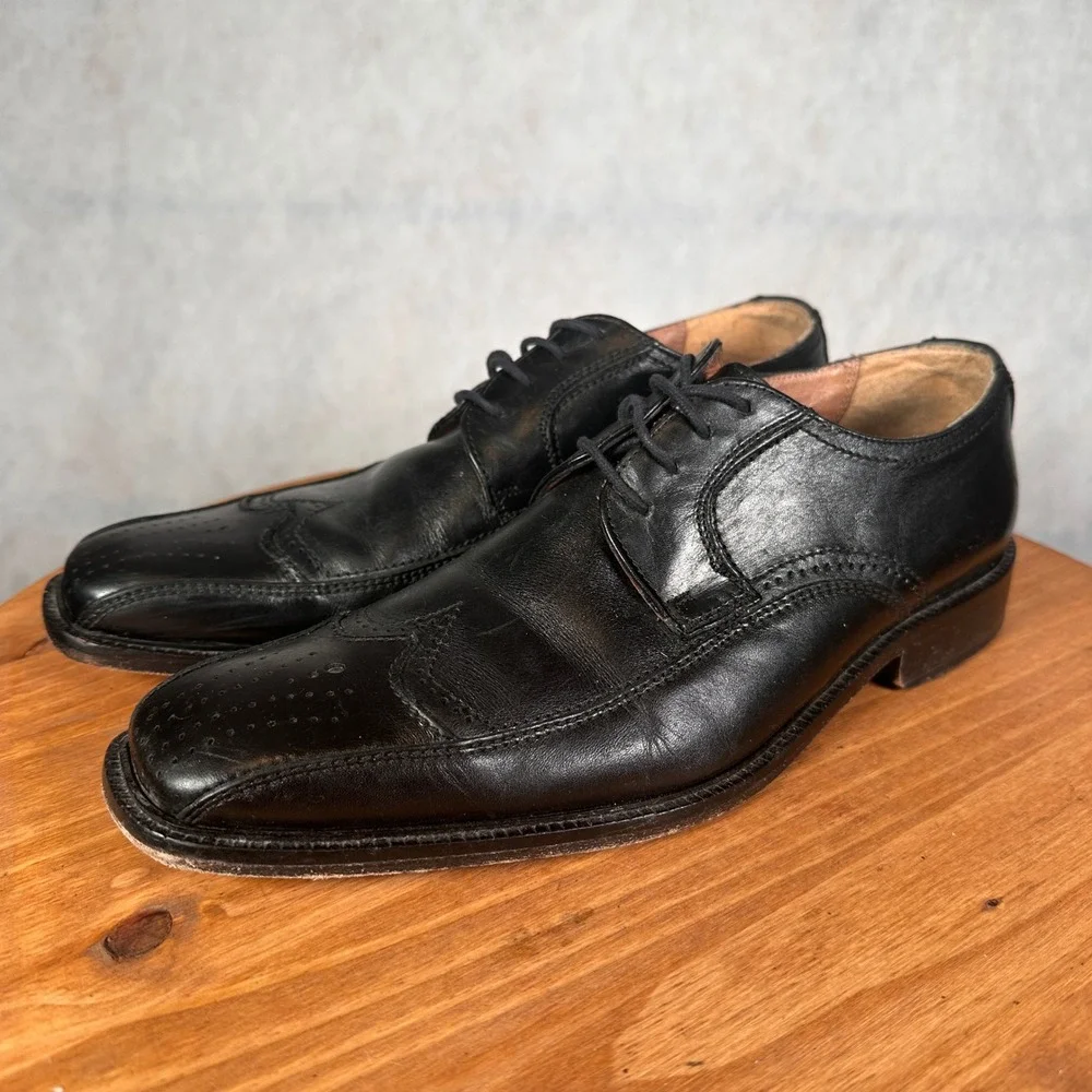 Joseph Abboud Oxford Shoes Mens 9.5 Black Good Wingtip Brogue Square Toe Leather